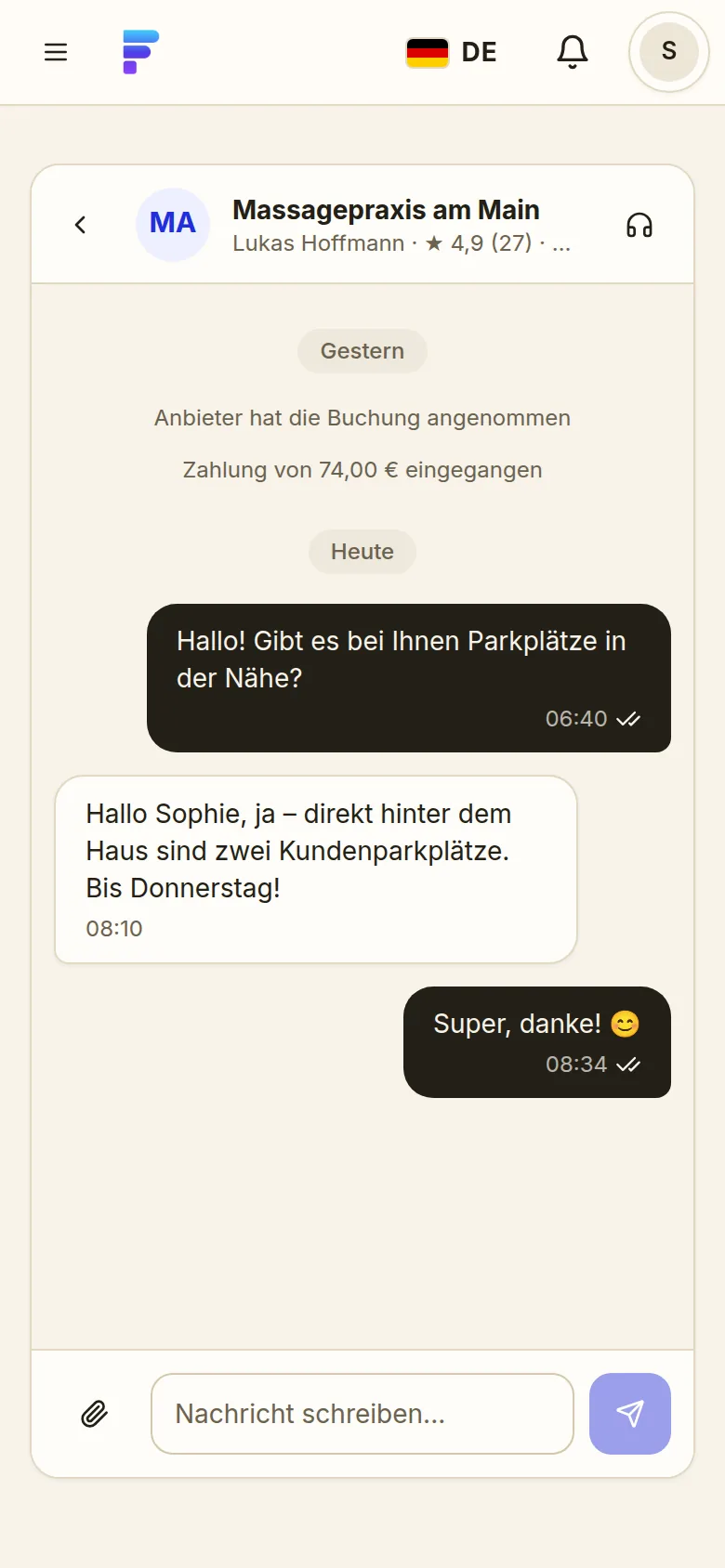 FreyOne: Chat mit der Massagepraxis zur Buchung