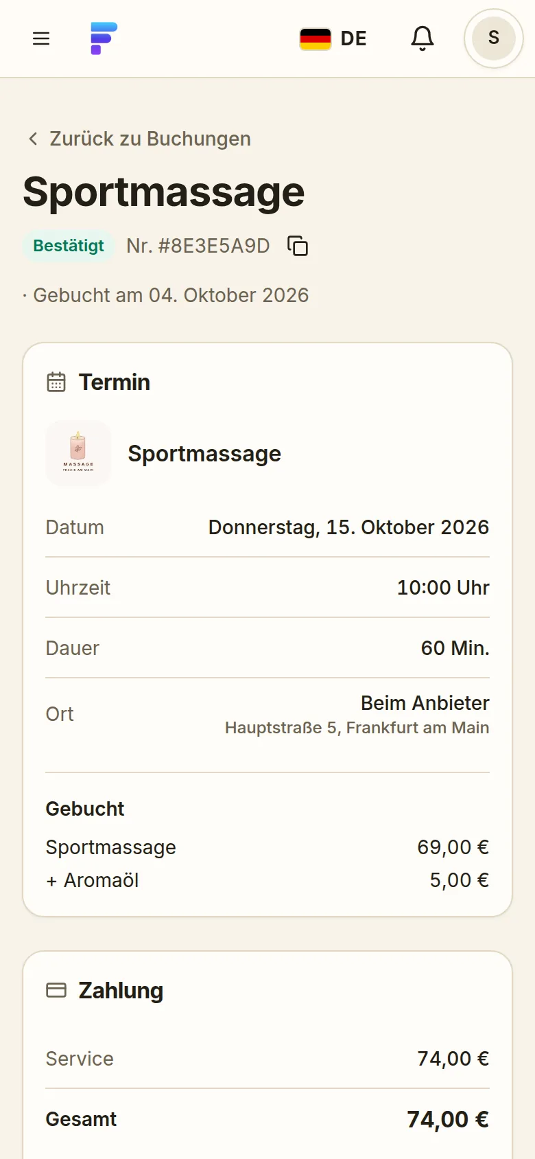 FreyOne: bestätigte Buchung mit Termin, Dauer und Zahlung