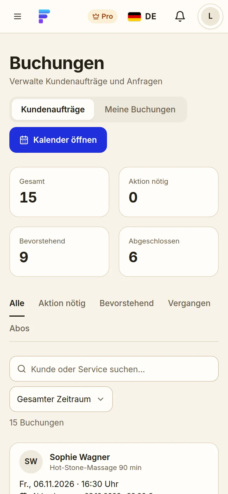 FreyOne auf dem Telefon: Buchungen eines Anbieters